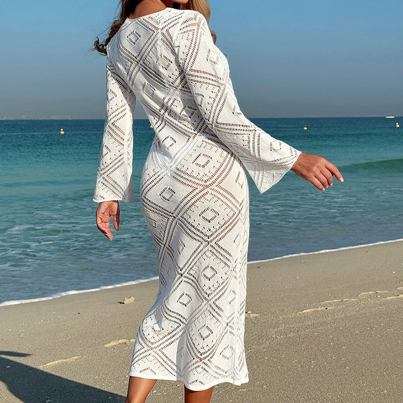 Damen Häkel-Strandkleid mit weit ausgestellten Ärmeln und geometrischem Muster EB