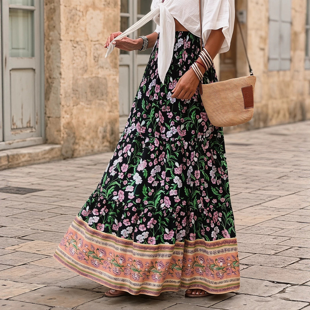 Damen nan gestufter Maxirock mit floralem Print, elastischem Smockbund und Volantkanten EB