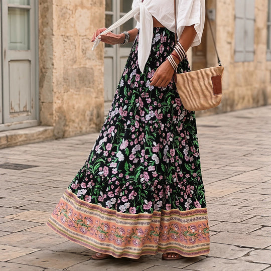 Damen nan gestufter Maxirock mit floralem Print, elastischem Smockbund und Volantkanten EB