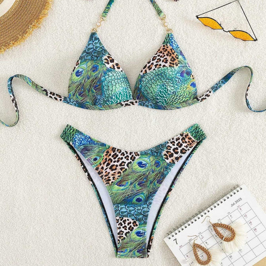 Damen Triangel-Bikini mit lebendigem Tier- und Pfauenmotiv EB