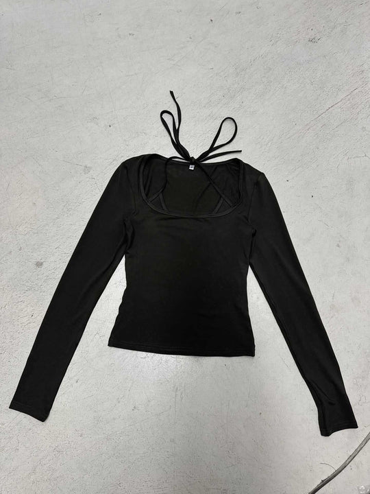 Damen nan figurbetontes Langarm-Top mit Neckholder-Bindung und eckigem Ausschnitt EB