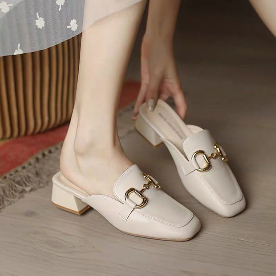 Damen elegante Mules mit goldenen Akzenten und Blockabsatz EB