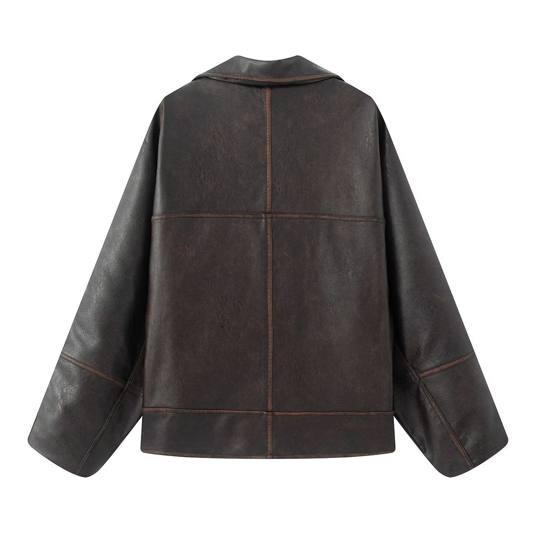 Damen elegante Kunstlederjacke mit oversized Schnitt EB