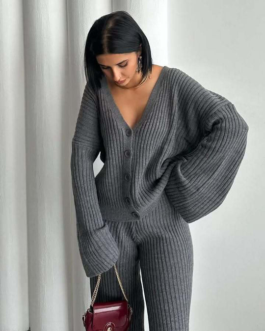 Damen Gerippter Strick‑Zweiteiler mit Oversized‑Cardigan und High‑Waist‑Sweathose EB