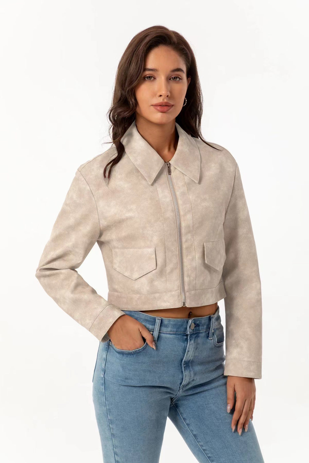 Damen modische cropped Jacke mit aufgesetzten Taschen EB