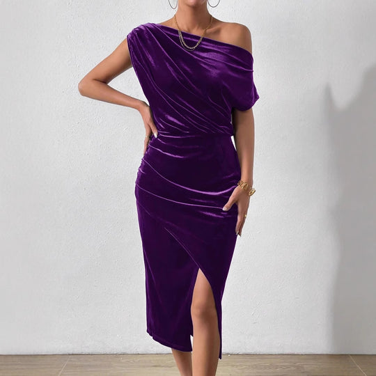 Damen Elegantes Schulterfreies Midikleid im Fließenden Design EB