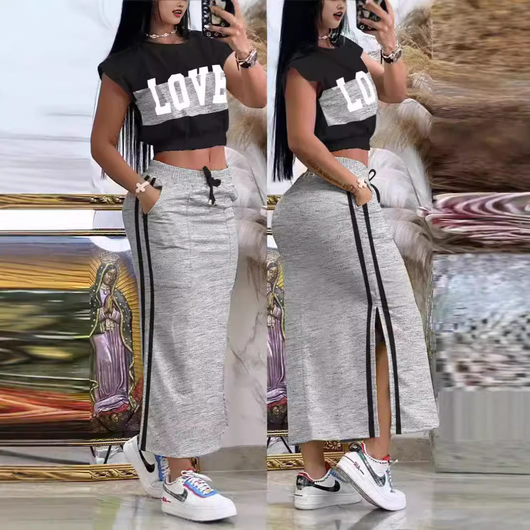 Damen Sportliches Crop-Top und Maxirock Set EB