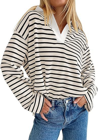 Damen Lässiges gestreiftes Sweatshirt mit V-Ausschnitt und langen Ärmeln EB