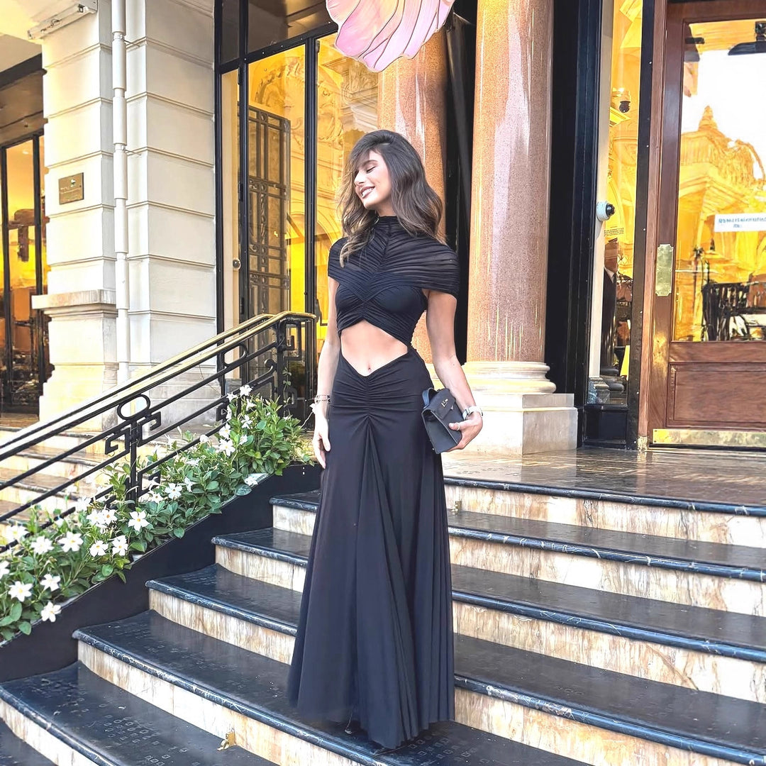 Damen elegantes Abendkleid mit raffinierten Cut-Outs und hochgeschlossenem Kragen EB