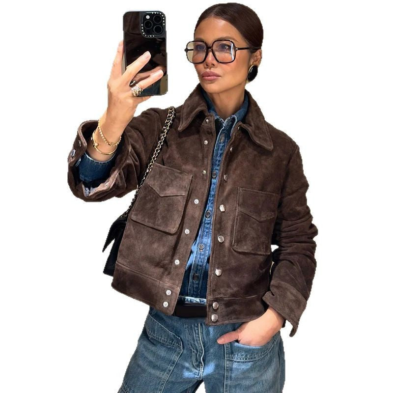 Damen Modische Wildlederjacke mit seitlichen Taschen EB