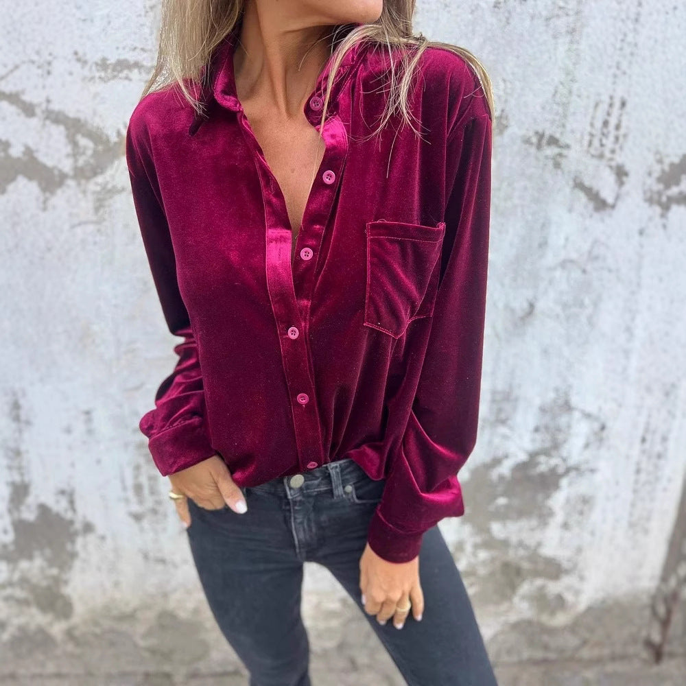 Damen Elegante Samtbluse mit klassischem Hemdkragen und langen Ärmeln EB