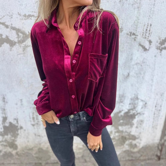 Damen Elegante Samtbluse mit klassischem Hemdkragen und langen Ärmeln EB