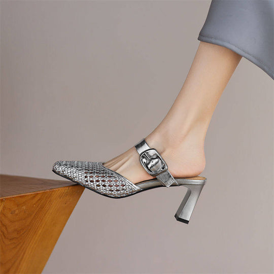 Damen elegante Mules mit modischem Geflecht und komfortablem Blockabsatz EB