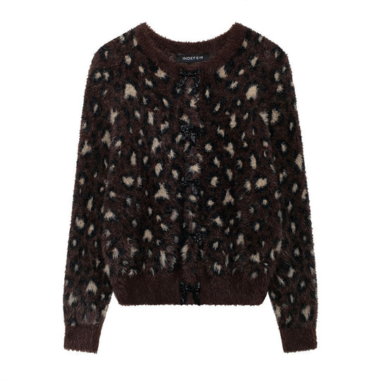 Damen Kuschelige Leopardenmuster-Strickjacke mit eleganten Knopfdetails EB