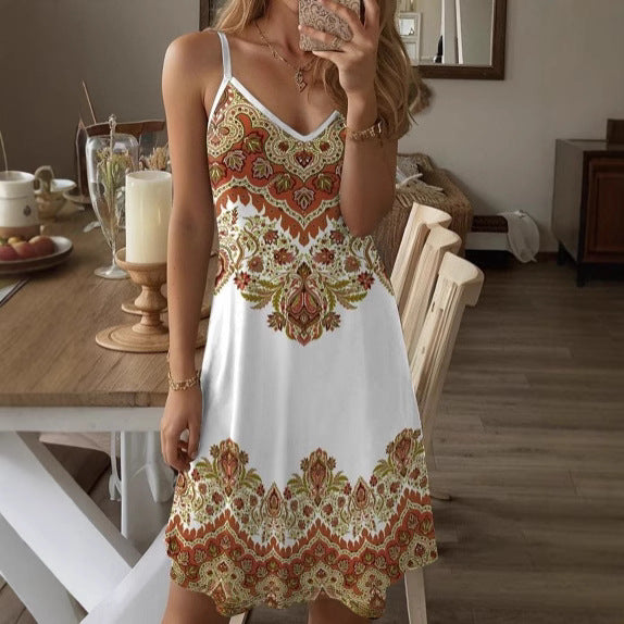 Damen Spaghetti-Träger Kleid mit stilvollem Paisleymuster und A-Linien Schnitt EB