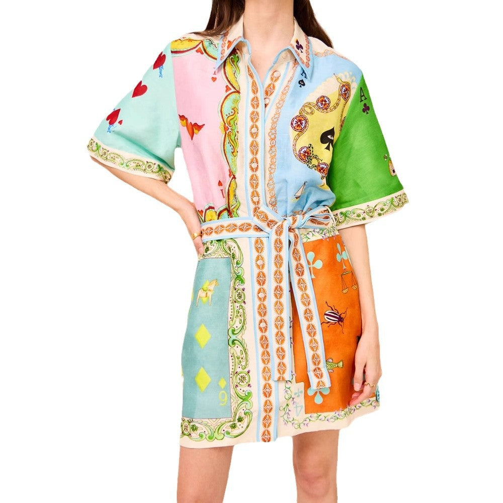 Damen Hemdblusenkleid mit buntem Patchwork-Muster und Taillengürtel EB