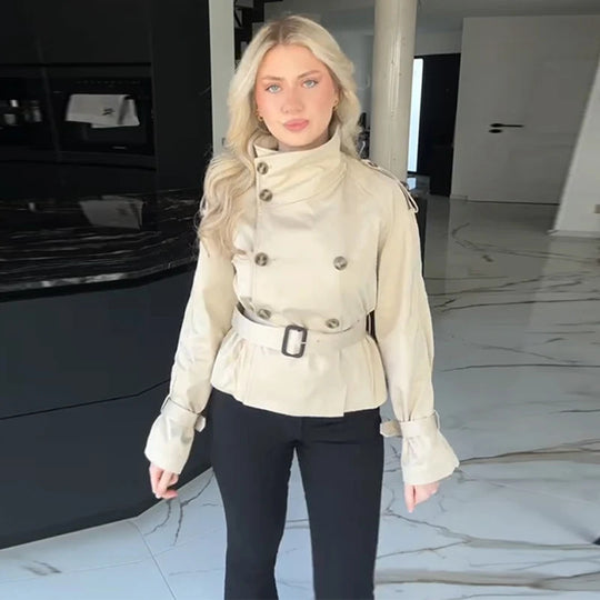 Damen Eleganter Kurz-Trenchcoat mit doppelter Knopfleiste und Taillengürtel EB