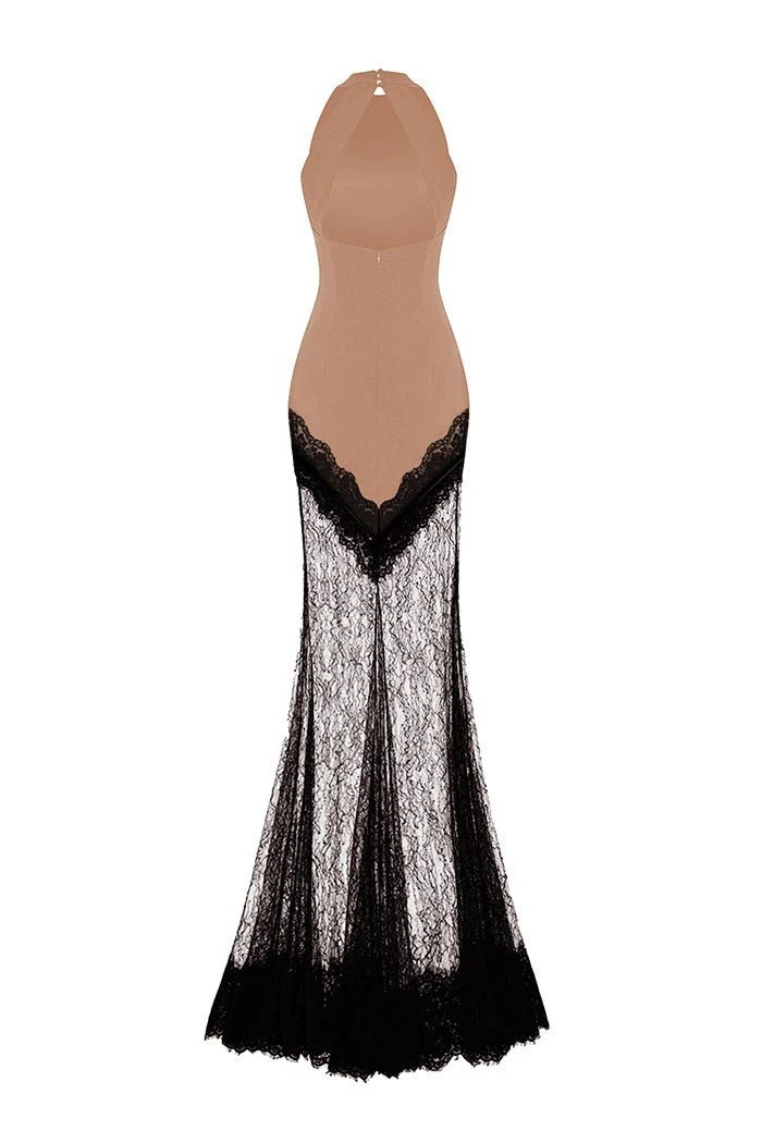 Damen Bodenlanges Spitzenkleid im eleganten Schnitt EB