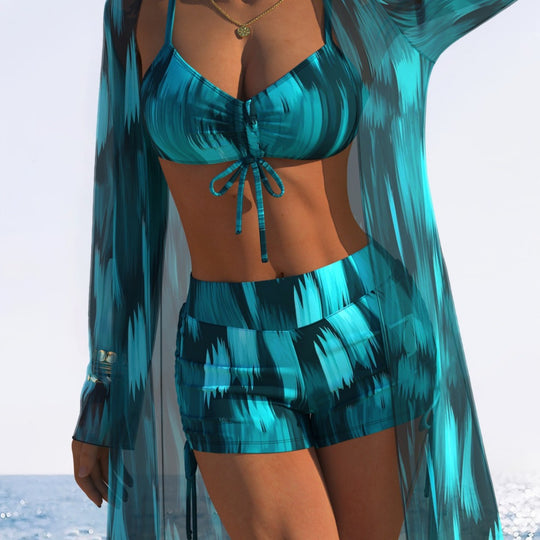 Damen Bikiniset mit floralem Design und schwingendem Kimono EB