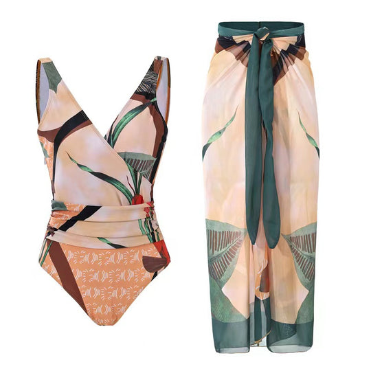 Damen Eleganter Wickel-Badeanzug mit floralen Designs und passendem Überrock EB