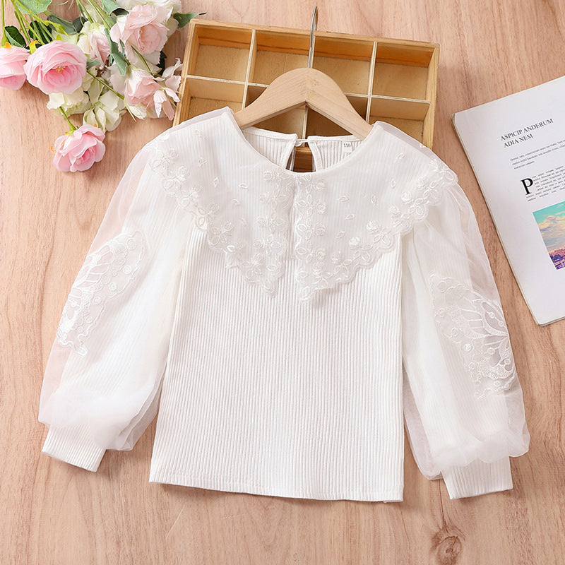 Mädchen Bluse mit transparenten Puffärmeln und floralem Spitzenbesatz EB