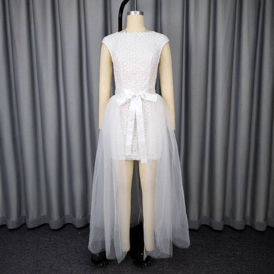 Damen Midi-Brautkleid mit verziertem Oberteil und transparentem Tüll Überrock EB