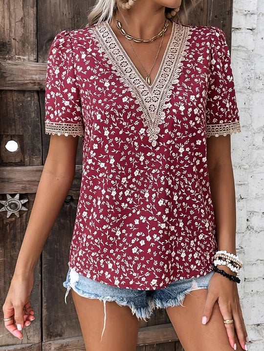 Damen Bluse mit V-Ausschnitt und feinen Spitzenakzenten EB