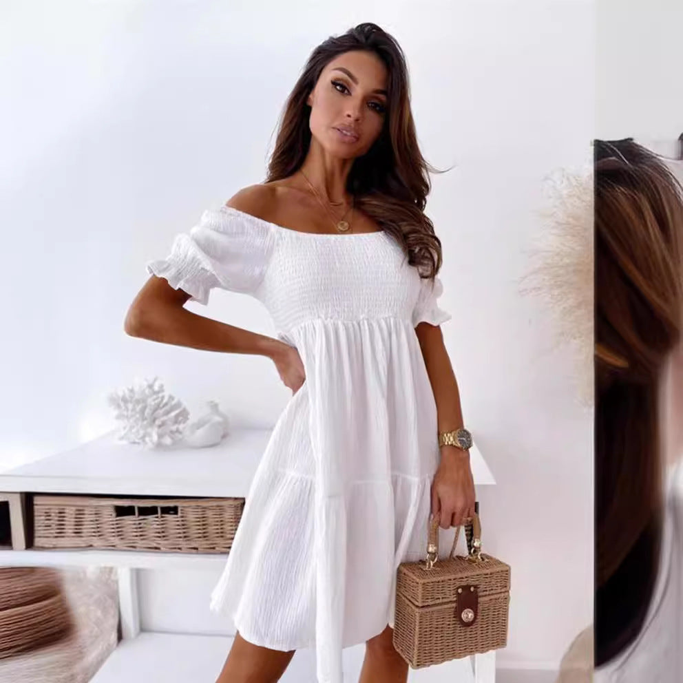 Damen lässiges Sommerkleid mit Puffärmel und Volants EB