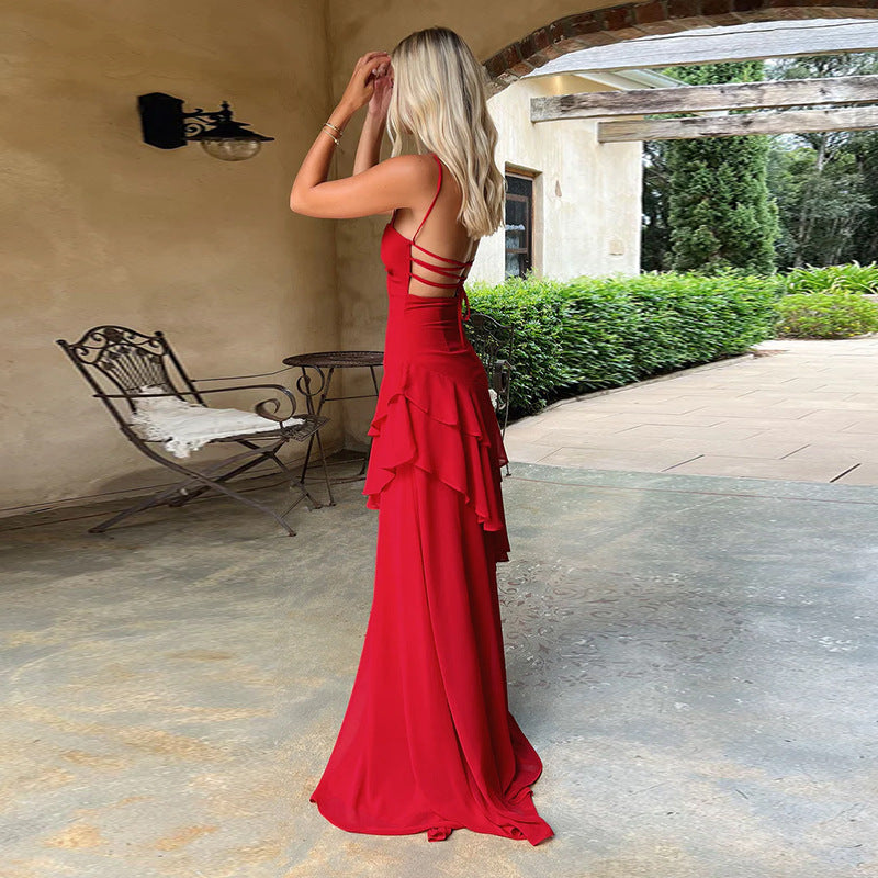 Damen elegantes Maxikleid mit voluminösem Rüschendesign EB