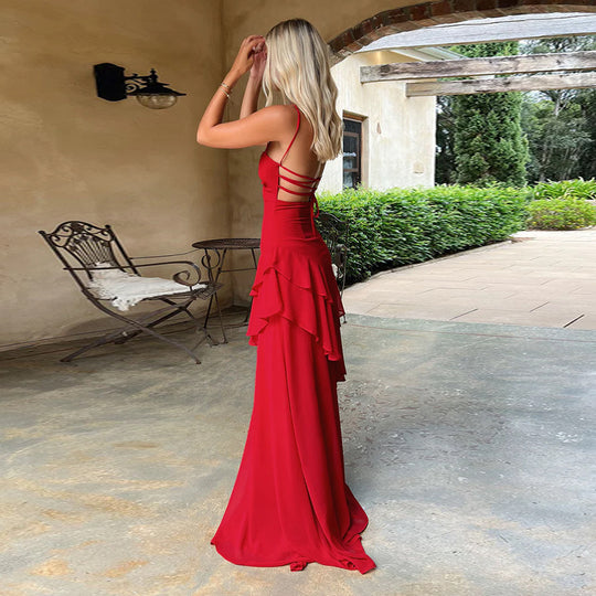 Damen elegantes Maxikleid mit voluminösem Rüschendesign EB