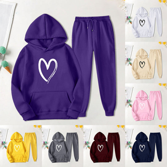 Damen Sweatsuit mit Kängurutasche und herzförmigem Print EB