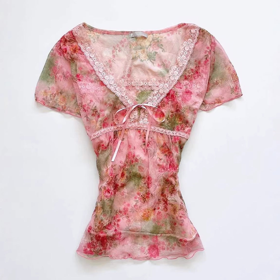 Damen florales Chiffon-Oberteil mit Spitzenakzenten EB