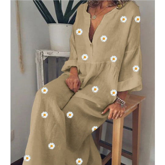 Damen Langes Leinenoptik Maxikleid mit tiefem V‑Ausschnitt, lockerer Empire‑Taillierung und Margeritenprint EB