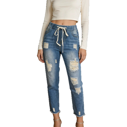 Damen nan lockere Destroyed-Denim Jogger mit elastischem Kordelbund und ausgefranstem Knöchelabschluss EB