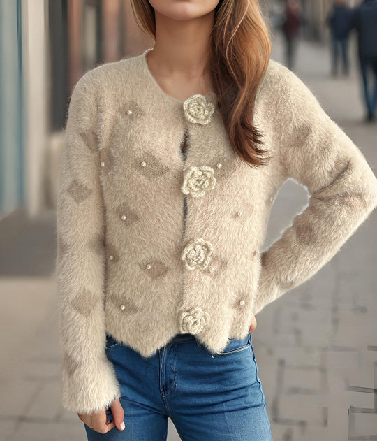 Damen Strickjacke mit floralen Applikationen und perlverzierter Detail EB