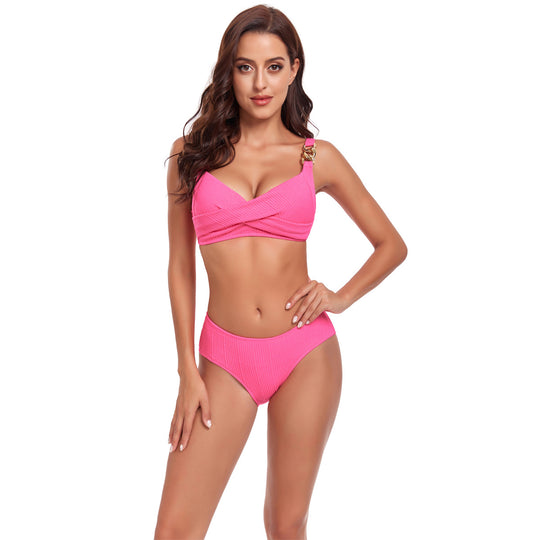 Damen Bikini-Set mit gekreuztem Oberteil und dekorativen Schnallen EB