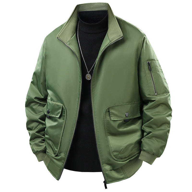 Men's  short-collar technical bomber jacket with zipped sleeve utility pocket and snap cargo flap pockets EB