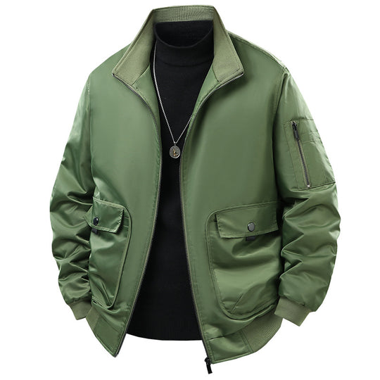 Men's  short-collar technical bomber jacket with zipped sleeve utility pocket and snap cargo flap pockets EB