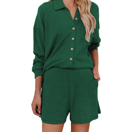 Damen Freizeitanzug mit lässiger Button-Down-Bluse und Shorts EB