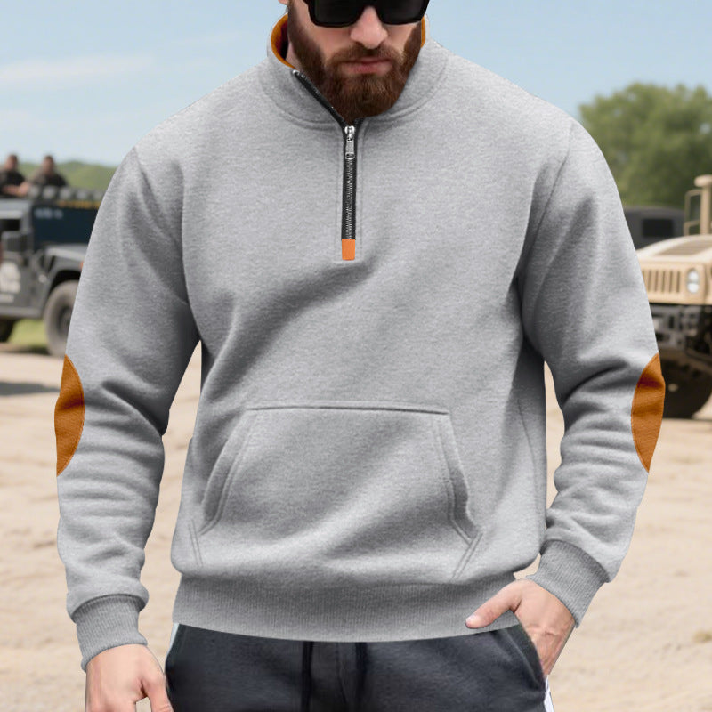 Herren nan Halbzip-Sweatshirt mit Stehkragen, Kängurutasche und kontrastierenden Ellbogenpatches EB