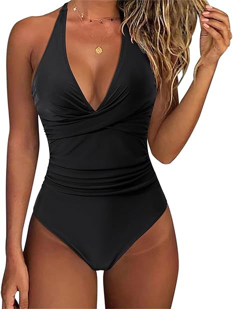 Damen Hochtaillierter Badeanzug mit tiefem V-Ausschnitt und floralem Design EB