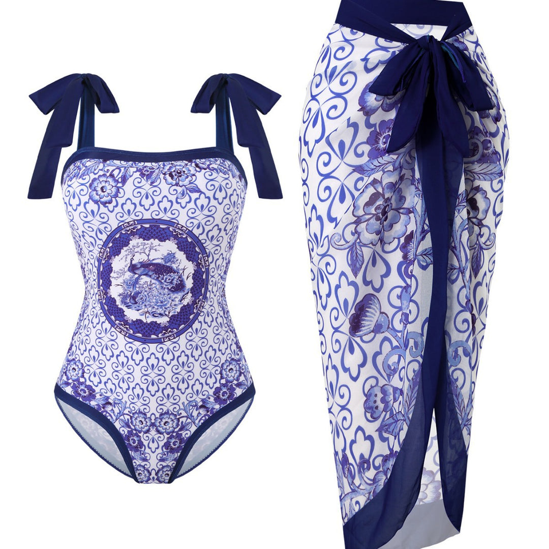 Damen Badeanzug mit floralem Design und transparentem Wickelrock EB