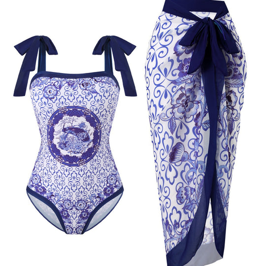 Damen Badeanzug mit floralem Design und transparentem Wickelrock EB