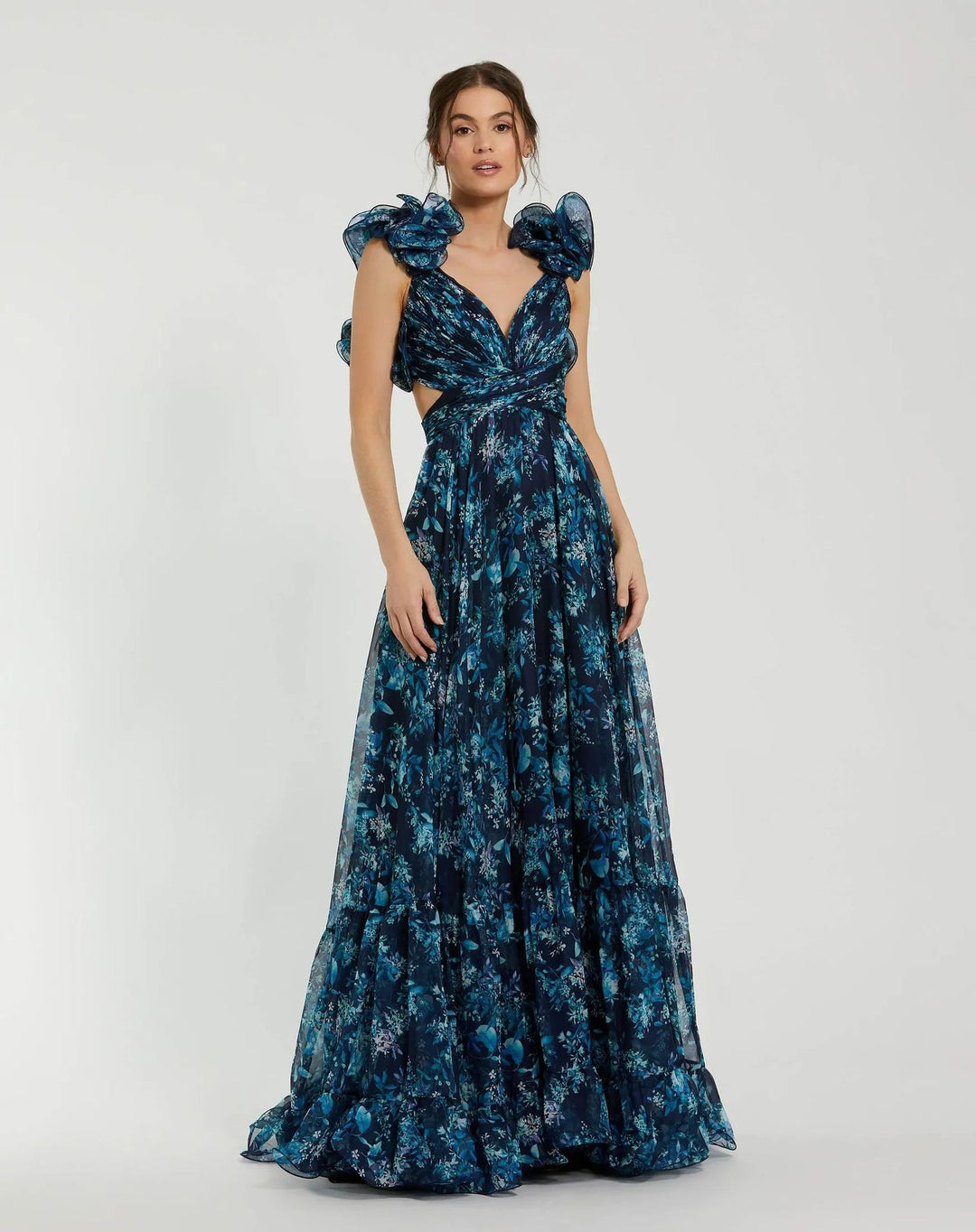 Damen Maxi-Kleid mit floralen Rüschen und schwingendem Design EB