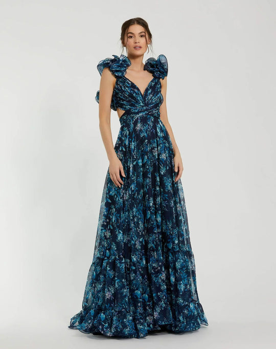 Damen Maxi-Kleid mit floralen Rüschen und schwingendem Design EB