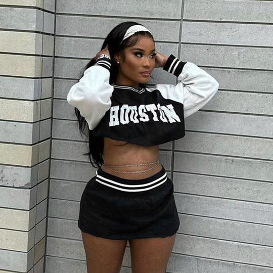 Damen Zweiteiliges Sportives Crop-Sweatshirt- und Minirock-Set mit Raglanärmeln und geripptem Taillenbund EB