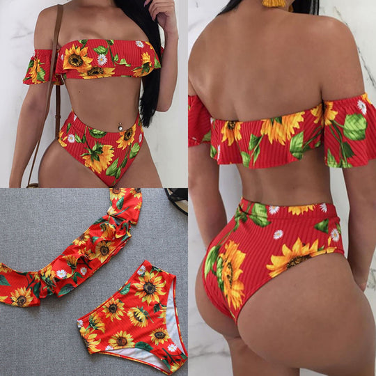 Damen Bikini-Set mit floralem Rüschendesign und hohem Taillenslip EB