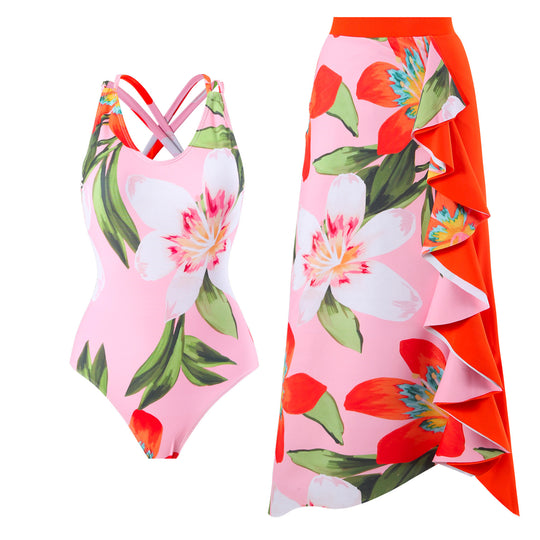 Damen Badeanzug-Set mit floralem Wickelrock und modernem Rüschendesign EB