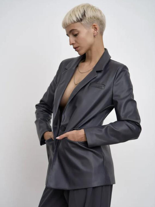 Damen minimalistische und elegante Kunstleder Blazer EB