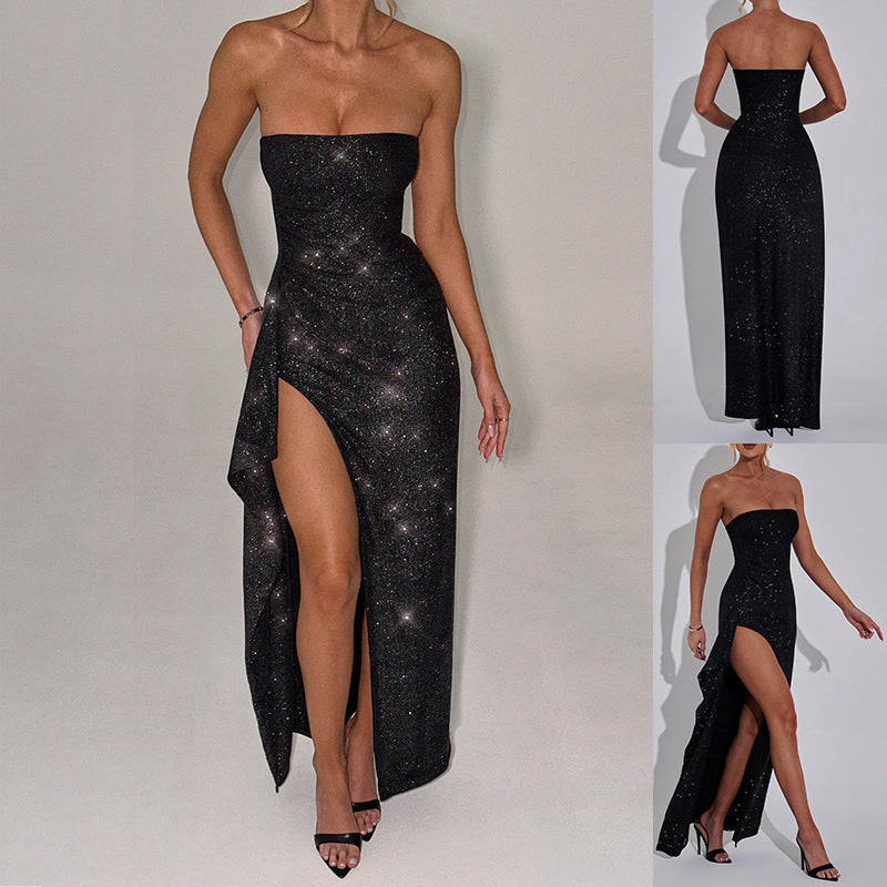 Damen Abendkleid mit schimmerndem Effekt und hohem Schlitz EB